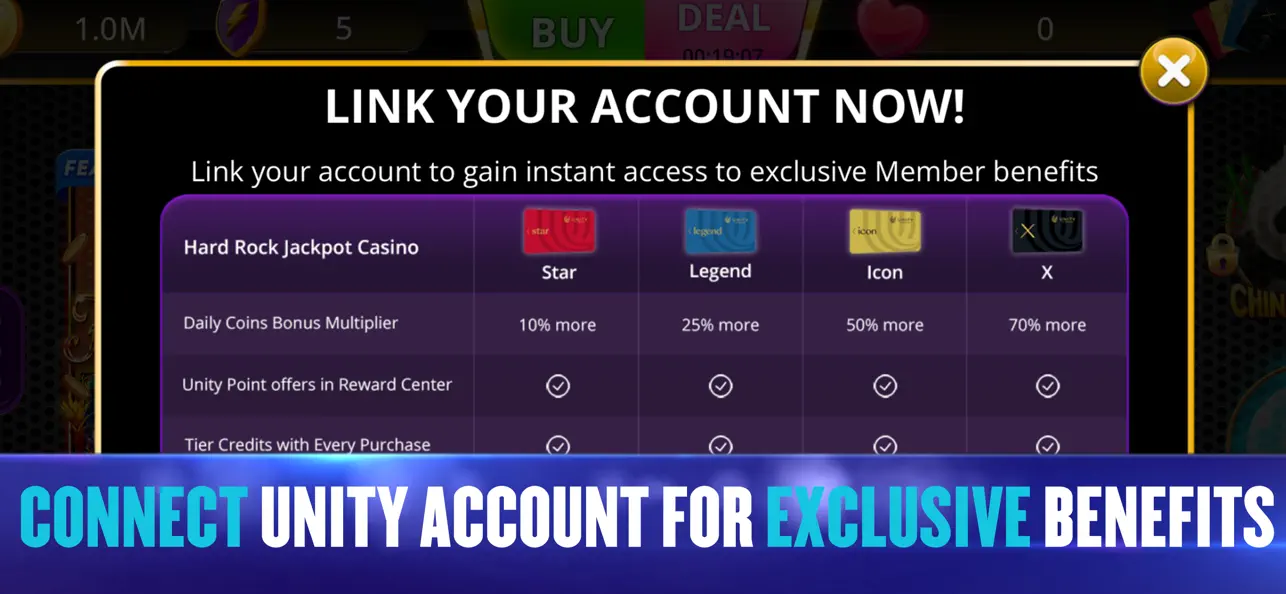 Hard Rock Jackpot Casino app screenshot showing account linking benefits with various membership tiers